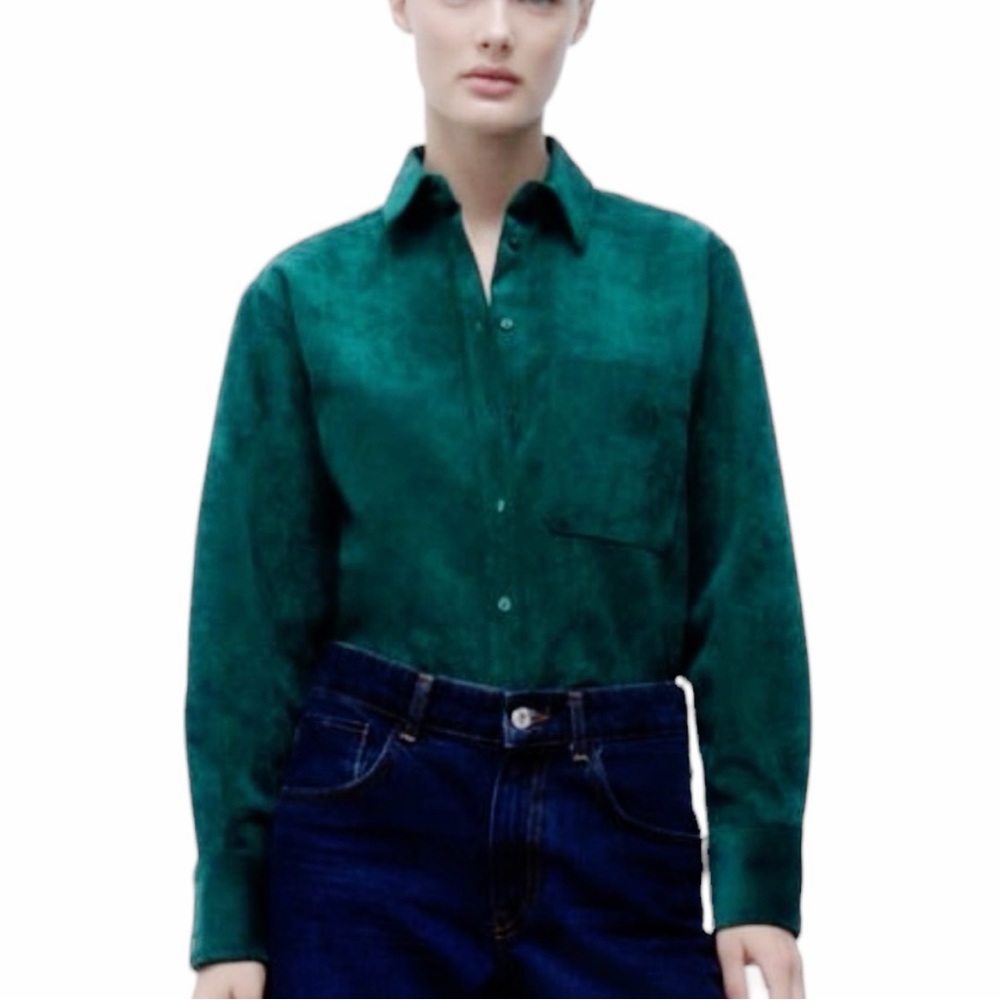 Zara Green Fine Wale Corduroy Button Up Long Sleeve Shirt Size M